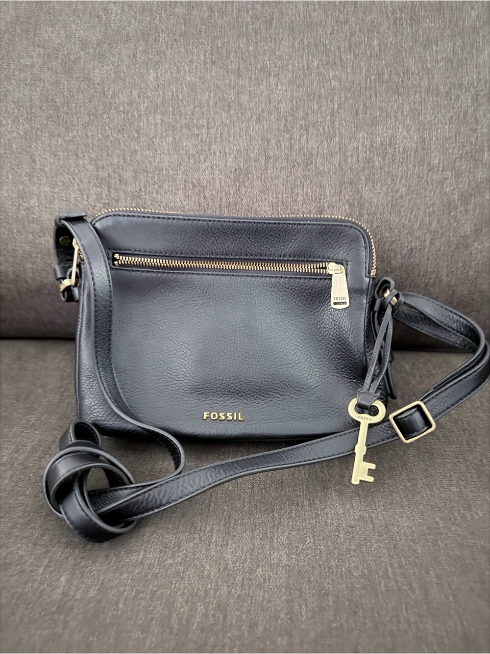 Fossil Black Leather Crossbody with Gold Hardware